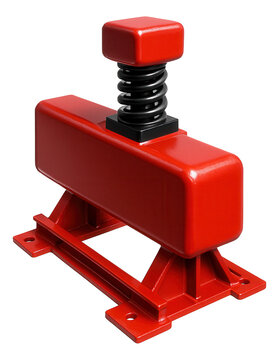 Bright red railway buffer stop with a spring-loaded mechanism.