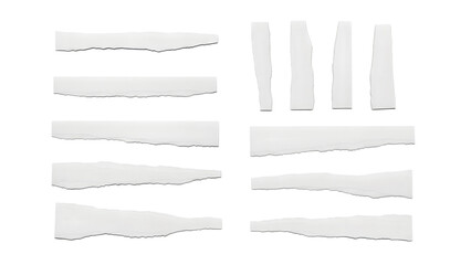 Fototapeta premium White torn paper strips on black isolated on a transparent background ripped