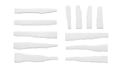 White torn paper strips on black isolated on a transparent background ripped