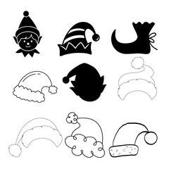 Cute winter hat and elf head icon set suitable for Christmas illustrations and festive character designs.