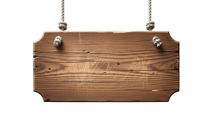 Wooden sign hanging from ropes isolated on a transparent background hanging sign knots brown wood