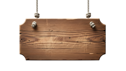 Wooden sign hanging from ropes isolated on a transparent background hanging sign knots brown wood
