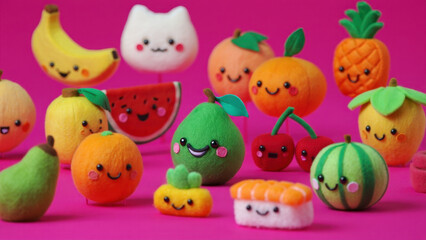 Obraz premium Cute felt plush toys shaped like fruits, sushi, and animals with smiling faces on a vibrant pink background, colorful kawaii decoration for kids or collectors