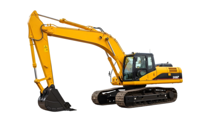 Yellow excavator with black tracks and cab isolated on a transparent background construction equipment