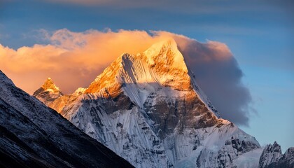 serene and majestic mountain peak at sunrise with golden light on snow covered summit dramatic alpine landscape with cloud in valley