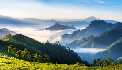 serene majestic mountain landscape with high peak green valley forest and epic fog vast nature background with soft morning sunlight and cloud