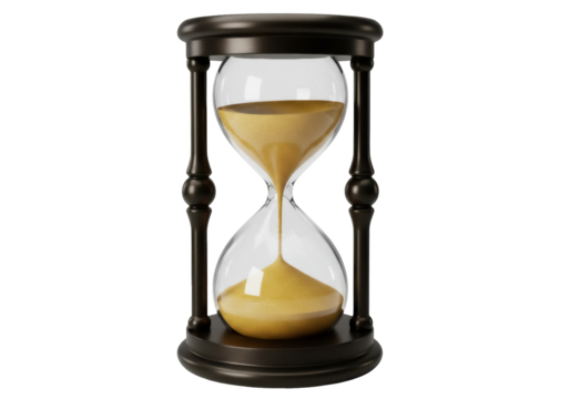 Elegant hourglass with golden sand isolated PNG, time management concept for deadlines and productivity on transparent background - Powered by Adobe