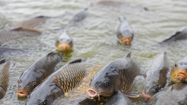 Close-up of hand dropping specialized feed pellets into water, large common carp aggressively feeding.