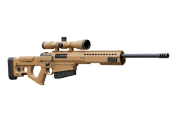 Tan sniper rifle with scope isolated PNG, long range firearm for military, law enforcement, and hunting applications on transparent background