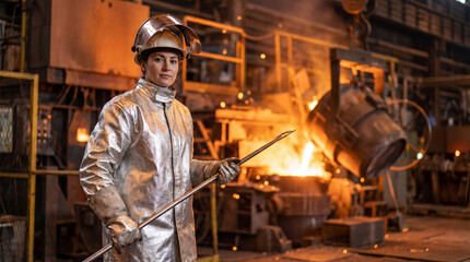 Industrial foundry worker handling molten metal in steel factory, wearing heat resistant protective clothing and helmet near active furnace