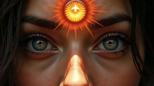 Mysterious close-up portrait of young woman with glowing third eye chakra symbol on her forehead representing spirituality and inner visio