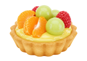 Delicious fruit tart isolated PNG on transparent background, pastry with tangerine, honeydew melon and raspberry for dessert and bakery concepts
