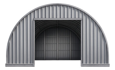 Semi-circular steel frame hangar with ribbed metal sheets.