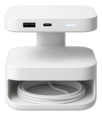 Two-tier charging station featuring an LED status light and cable storage underneath.