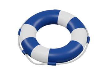 Blue and white life buoy PNG isolated on transparent background, safety equipment for swimming pool and beach
