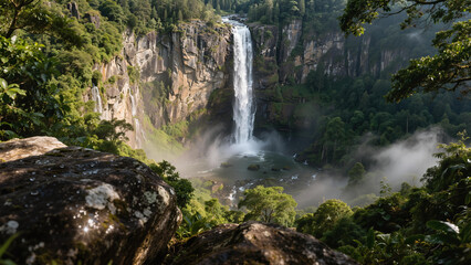 Obraz premium Majestic waterfall cascades into a lush, mist-shrouded rainforest, framed by ancient rocks, showcasing nature's raw power and serene beauty