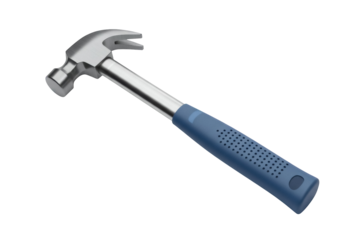 Claw hammer isolated PNG on transparent background, metal tool with blue handle for construction and home improvement projects