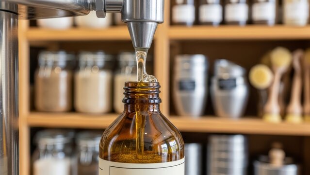 Pouring liquid into brown glass bottle at zero waste refill station. Sustainable shopping concept with reusable container for oil, soap or shampoo in bulk store. Eco friendly lifestyle close up.