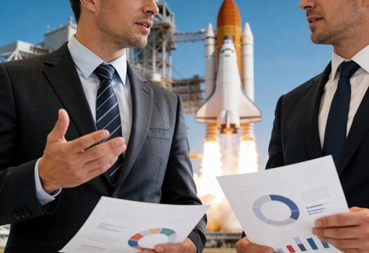 Two businessmen review reports against a backdrop of a launching space rocket, symbolizing future ventures. - Powered by Adobe