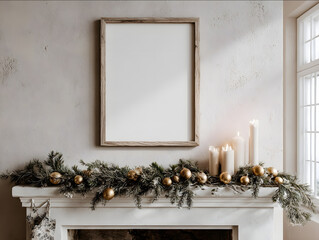 closeup of an A2 oak wooden frame with blank white poster centered above a white fireplace mantel minimal Christmas decor pine garland gold baubles and candles neutral