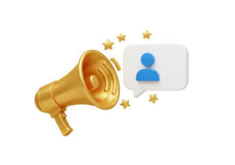 Golden megaphone with user icon in speech bubble isolated PNG, social media marketing and communication concept on transparent background