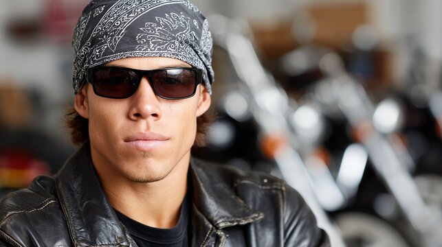Portr&auml;t eines selbstbewussten Mannes im Biker-Stil mit Lederjacke