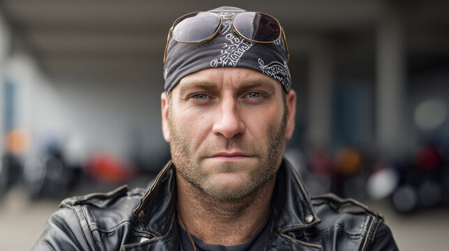 Portr&auml;t eines selbstbewussten Mannes im Biker-Stil mit Lederjacke