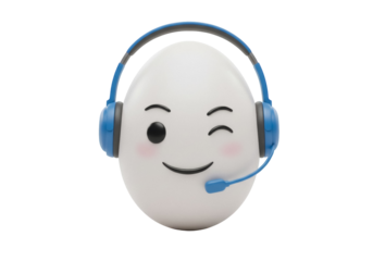 Winking egg with blue headset isolated PNG, customer service avatar for call center and online support, on transparent background