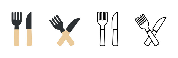 A collection of modern fork and knife icons in multiple styles, including flat design and outline, with options for separated or crossed utensils. Ideal for culinary and dining themes.
