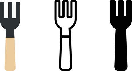 A set of three stylized fork icons, presented in flat color, outline, and solid black styles. Ideal for kitchenware, dining, restaurant, and food-related design projects, web, or app interfaces.