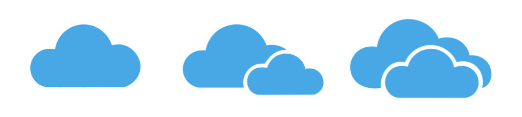 Blue cloud icons illustrating cloud computing, data storage, and network services. A clean, scalable vector set perfect for digital technology and internet-related designs.