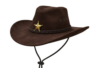 Brown cowboy hat with gold star badge isolated PNG, western sheriff costume accessory on transparent background for wild west themes