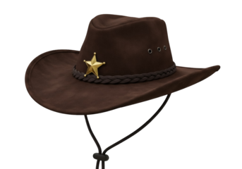 Brown cowboy hat with gold star badge isolated PNG, western sheriff costume accessory on transparent background for wild west themes