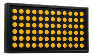 Yellow dot flip-display for tram schedules on a black grid.