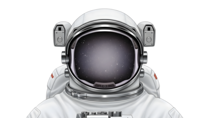 Astronaut wearing white spacesuit with silver helmet and starry visor isolated on a transparent background