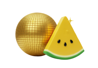 Golden disco ball and yellow watermelon slice PNG isolated on transparent background, summer party and tropical fruit concept