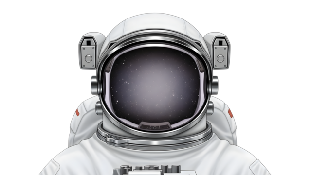 Astronaut wearing white spacesuit with silver helmet and starry visor isolated on a transparent background - Powered by Adobe