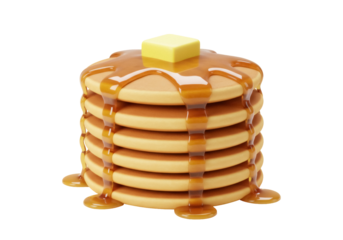 Stack of golden pancakes with butter and syrup isolated PNG, delicious breakfast food on transparent background for restaurant menu design