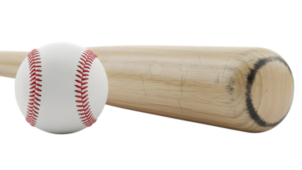 Baseball bat and white baseball with red stitching isolated on a transparent background wooden bat