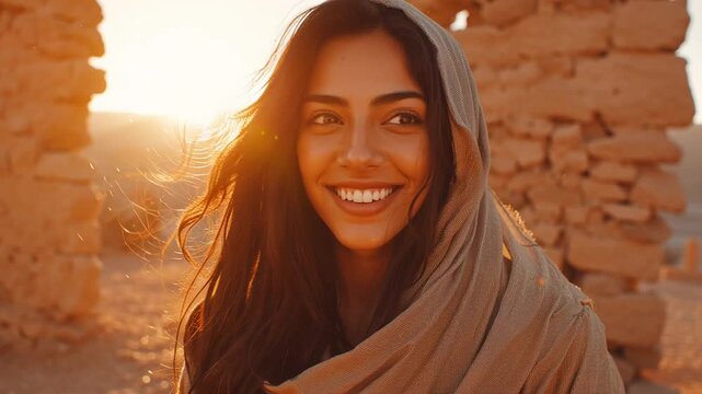 Woman smiles during sunset near ancient stone ruins in warm landscape