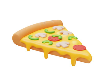 Delicious pizza slice PNG isolated on transparent background, 3D render with mushrooms, peppers, and pepperoni for food design projects