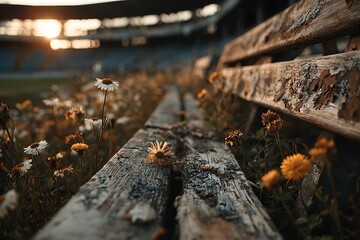 Nature reclaiming abandoned stadium with wild daisies high resolution picture