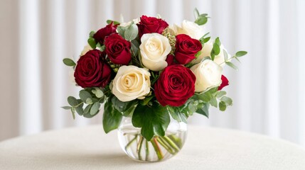Elegant bouquet of red and white roses with eucalyptus leaves in clear glass vase on soft curtain background