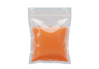 Orange liquid in transparent plastic pouch isolated PNG, food packaging mockup for juice, sauce, or baby food on transparent background
