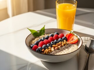 Healthy oatmeal porridge bowl with berries, nuts, chia seeds and orange juice. Balanced vegetarian breakfast on white marble table with sunny morning shadows. Diet and clean eating concept.
