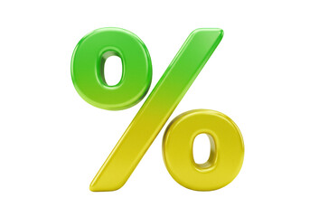 Green and yellow percentage sign isolated PNG on transparent background, financial rate symbol for business and marketing