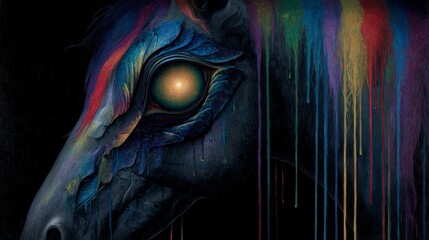 Surreal close-up of a horse head with glowing spiral eye, textured scales, and dripping multicolor paint on dark background, fantasy concept art