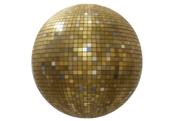 Golden disco ball PNG isolated on transparent background, sparkling mirror sphere for party decoration and festive events