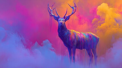 Surreal neon-painted deer in misty forest with dripping vibrant colors and glowing antlers