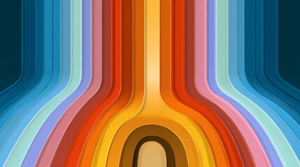 Colorful abstract tunnel with layered curved bands in retro style, vibrant gradient waves converging symmetrically in digital raster artwork